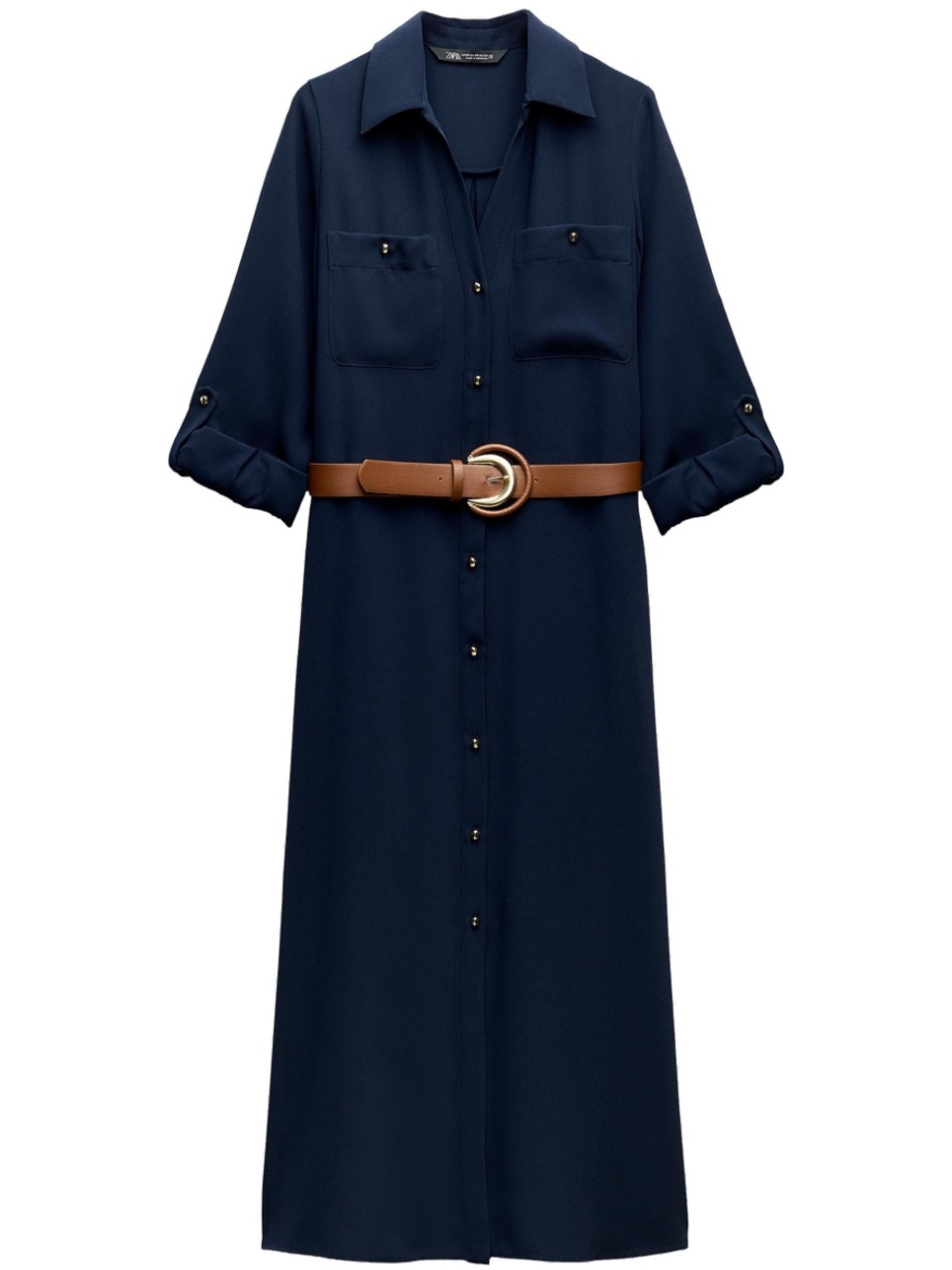 Classic Navy Shirt Dress with Brown Belt